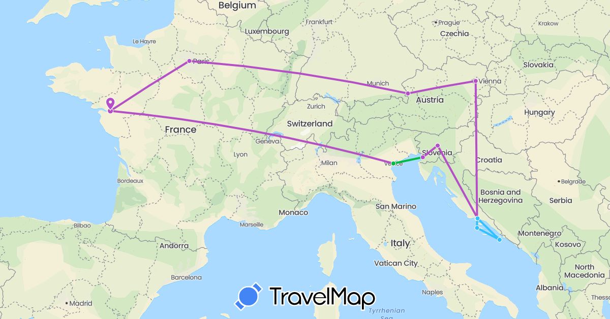 TravelMap itinerary: driving, bus, train, boat in Austria, France, Croatia, Italy, Slovenia (Europe)